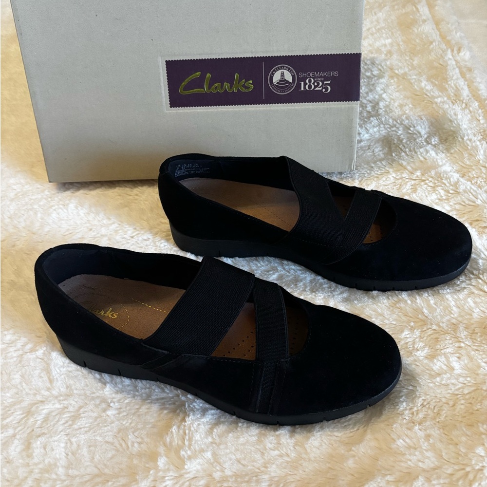 Clarks Black Flats Elegant Suede Loafers